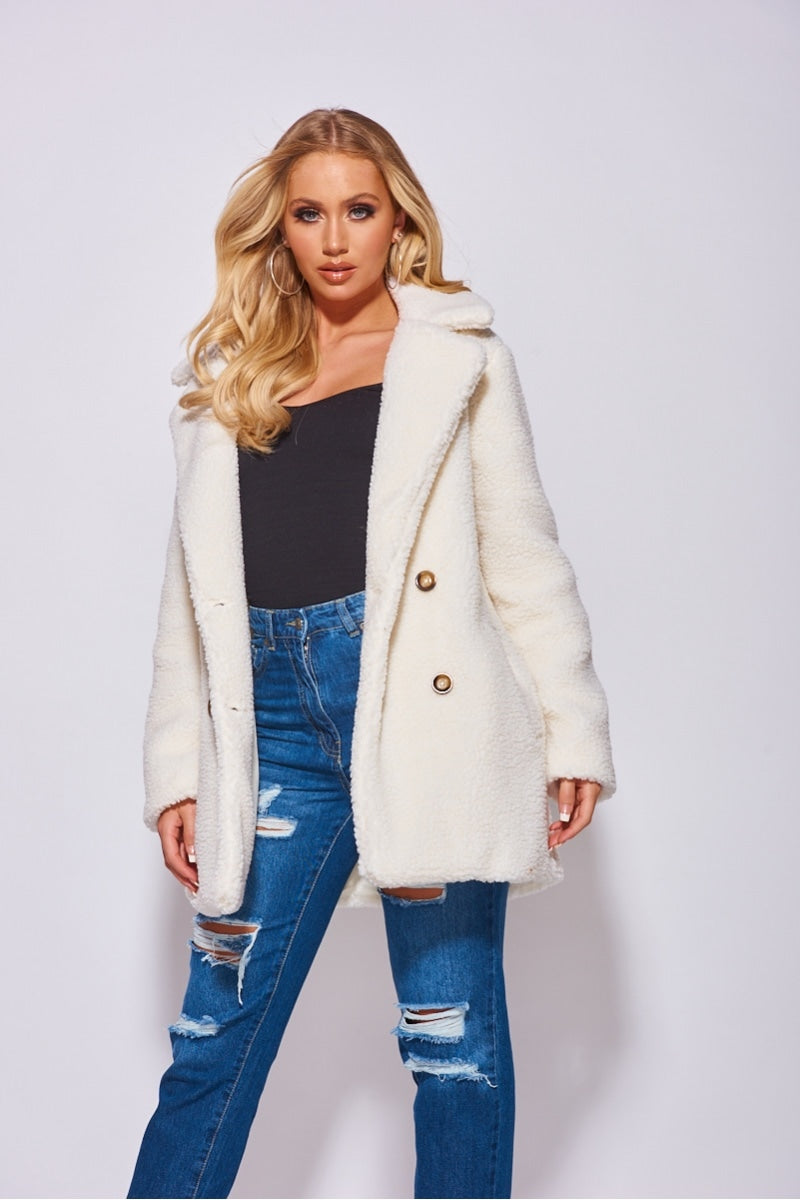 Off White Double Breasted Borg Teddy Coat