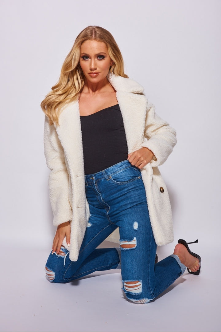 Off White Double Breasted Borg Teddy Coat