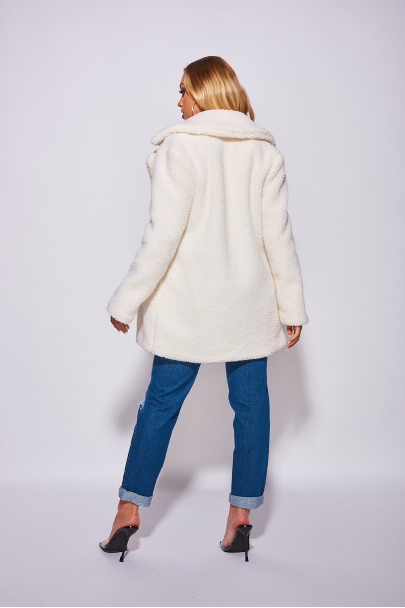 Off White Double Breasted Borg Teddy Coat