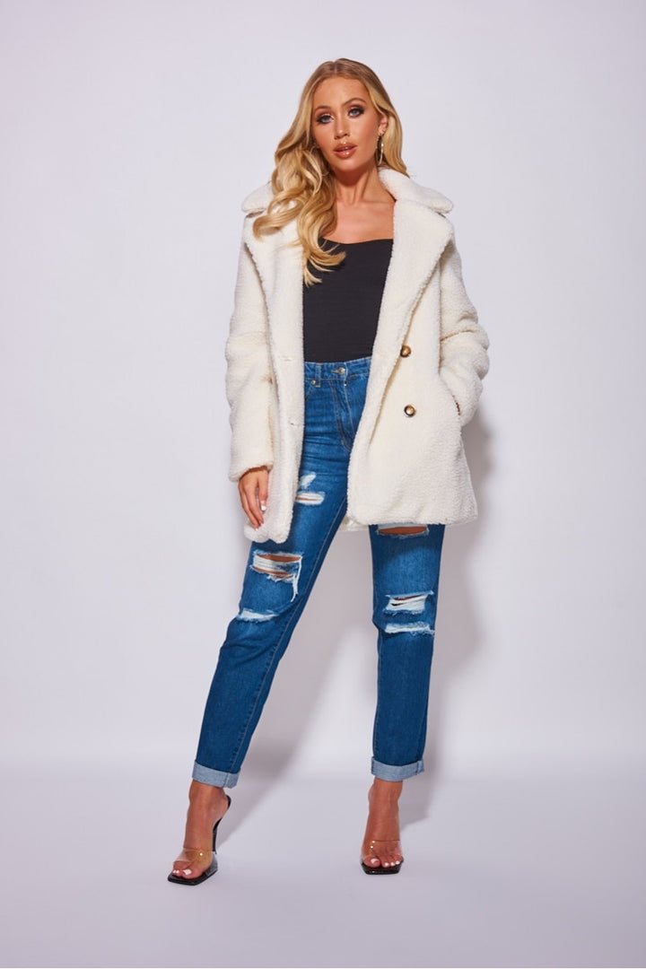 Off White Double Breasted Borg Teddy Coat