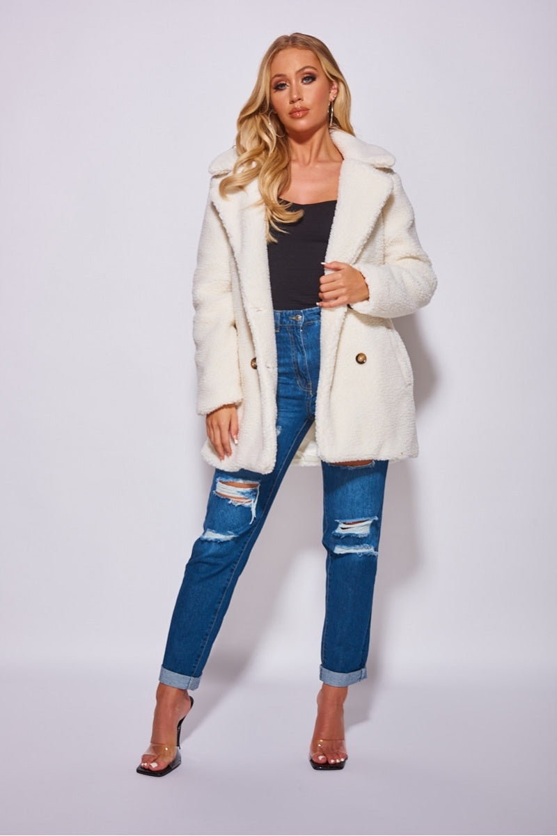 Off White Double Breasted Borg Teddy Coat