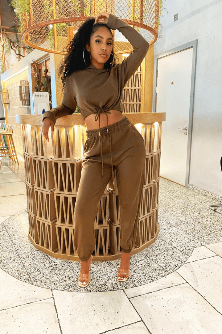 Olive Cropped Hoodie & Jogger Lounge Set