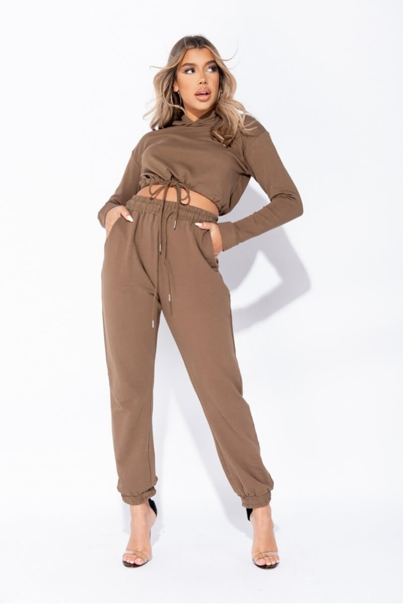 Olive Cropped Hoodie & Jogger Lounge Set