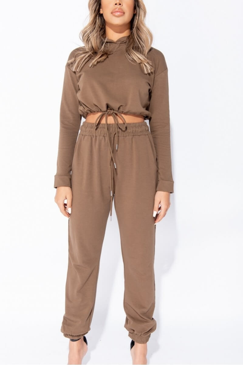 Olive Cropped Hoodie & Jogger Lounge Set