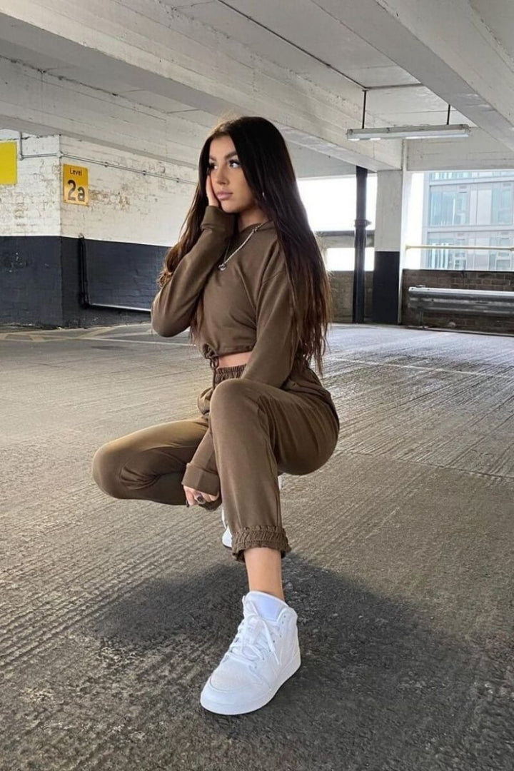 Olive Cropped Hoodie & Jogger Lounge Set