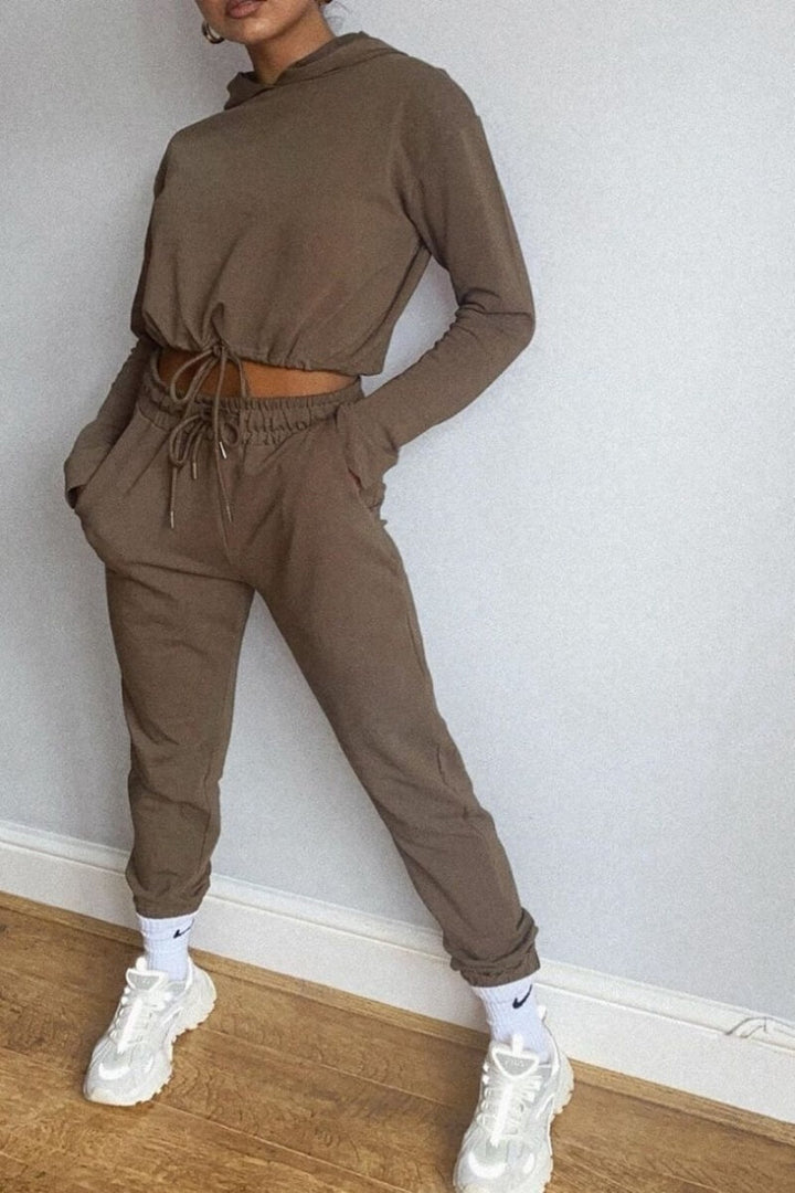Olive Cropped Hoodie & Jogger Lounge Set