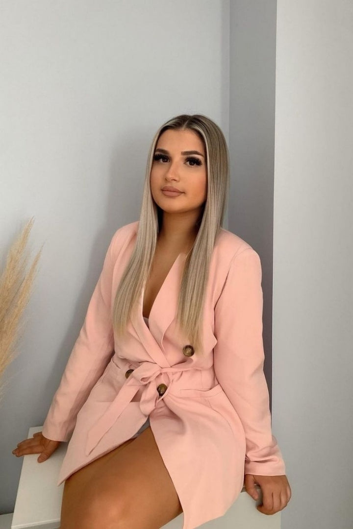 Pink Double Breasted Belted Fitted Blazer