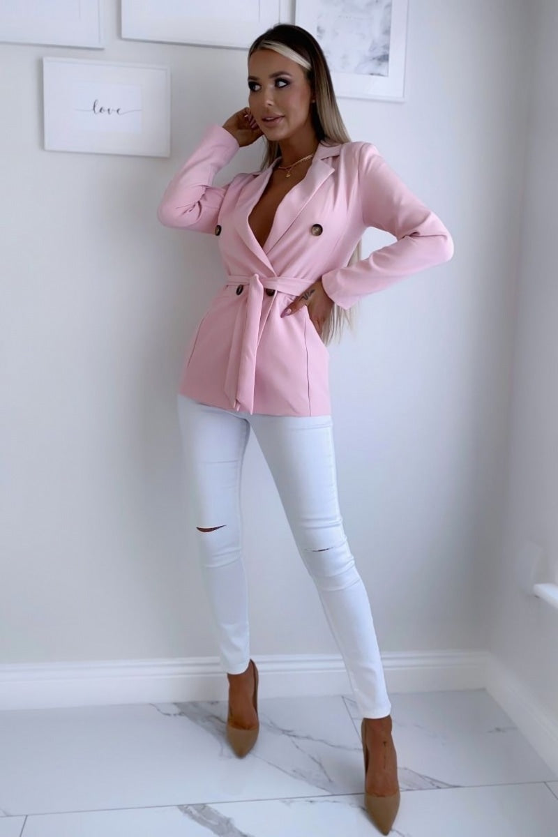 Pink Double Breasted Belted Fitted Blazer