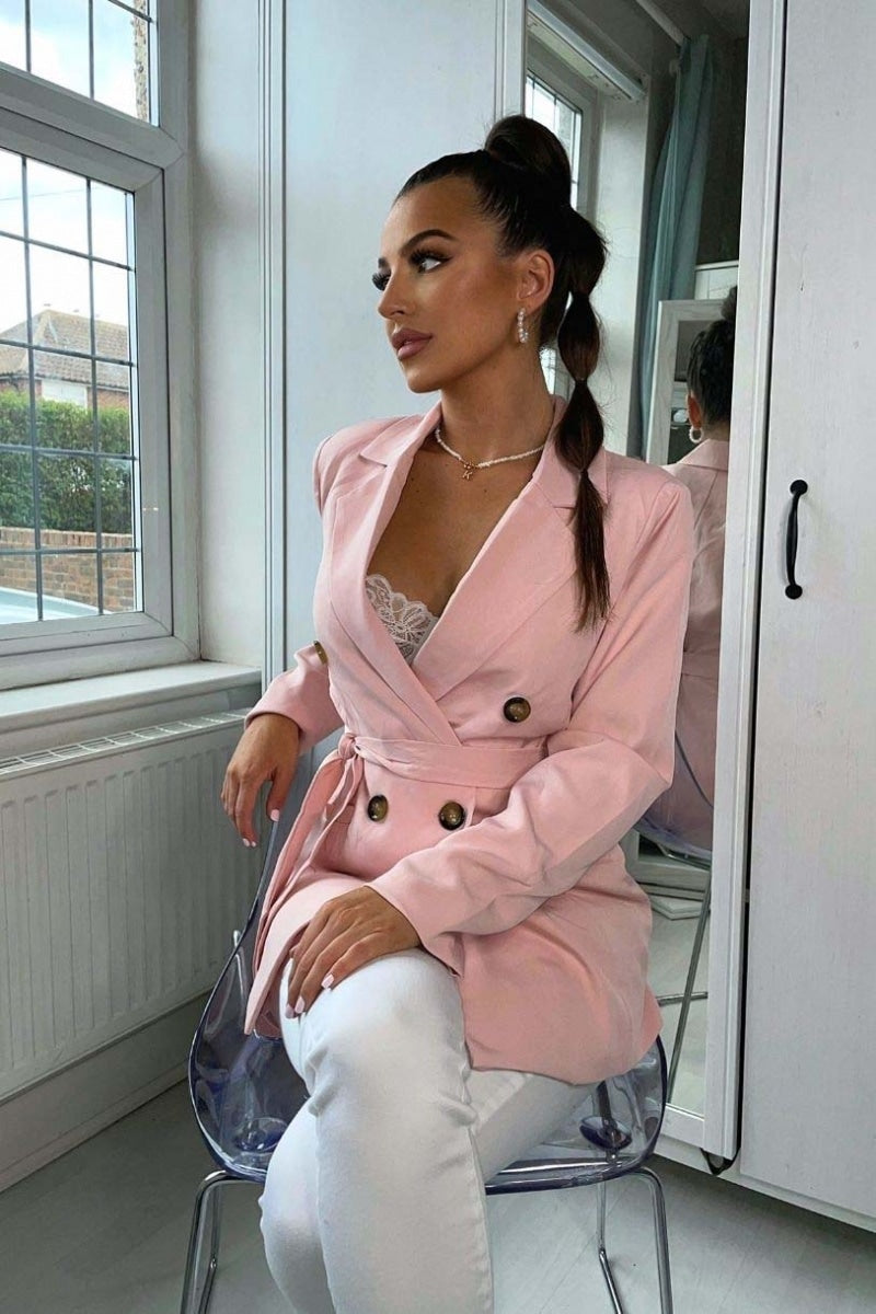 Pink Double Breasted Belted Fitted Blazer