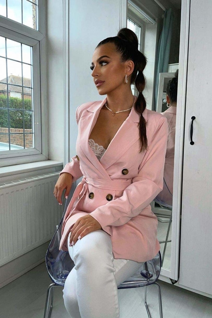 Pink Double Breasted Belted Fitted Blazer