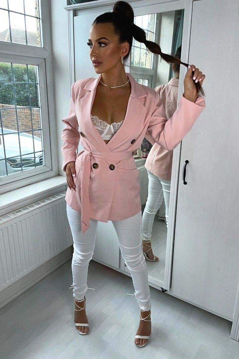 Pink Double Breasted Belted Fitted Blazer