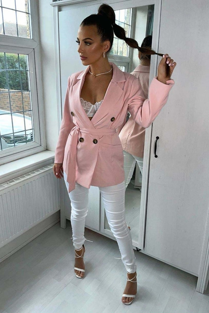 Pink Double Breasted Belted Fitted Blazer