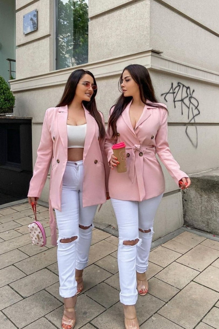 Pink Double Breasted Belted Fitted Blazer