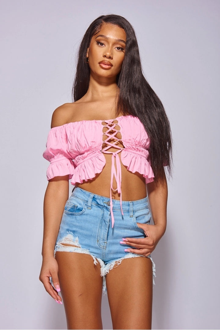 Pink Lace Up Front Ruffle Trim Bandeau Crop Top