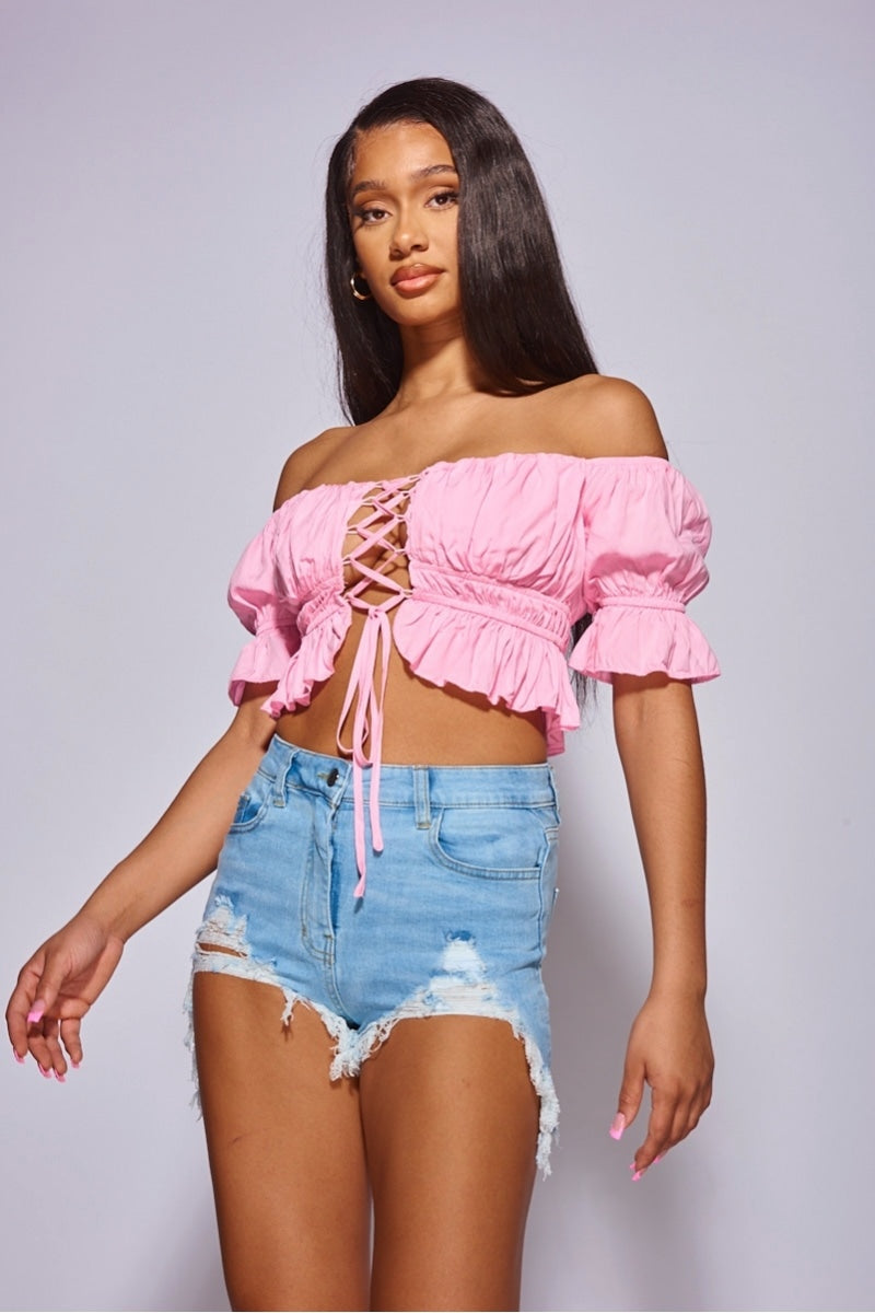 Pink Lace Up Front Ruffle Trim Bandeau Crop Top
