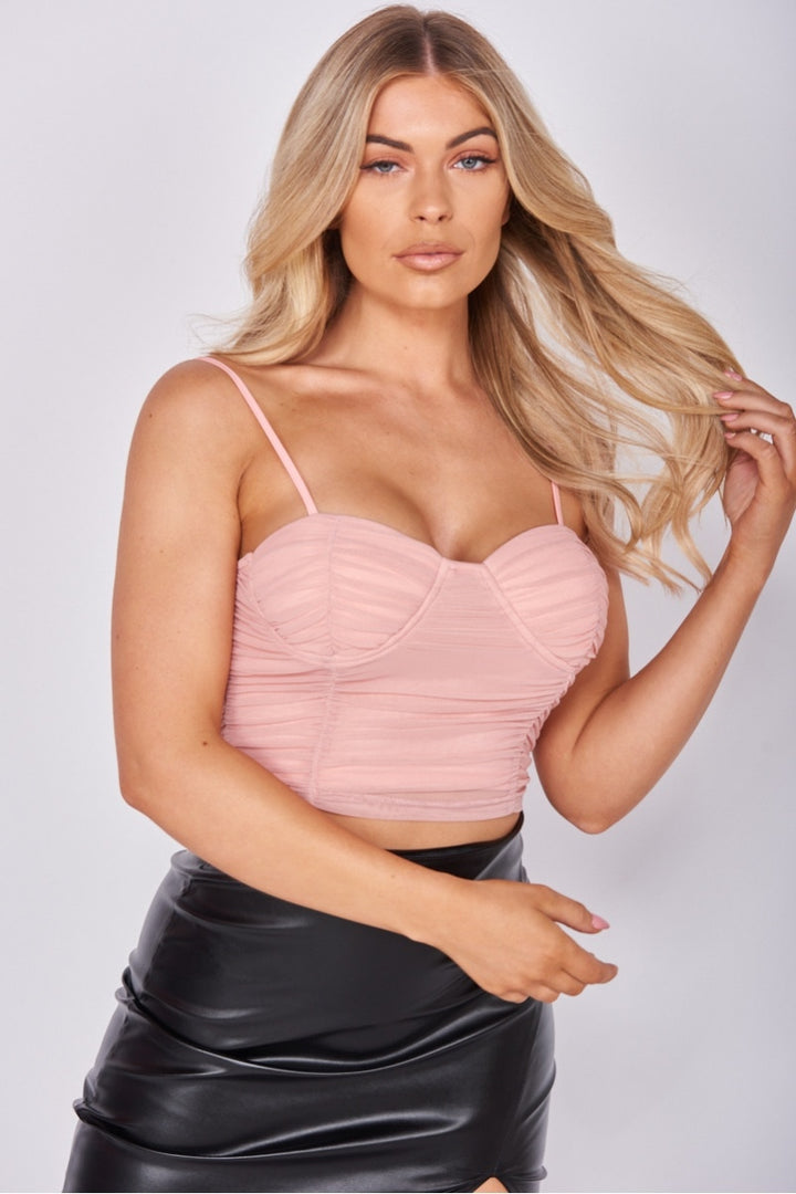 Pink Mesh Ruched Bust Cup Crop Top