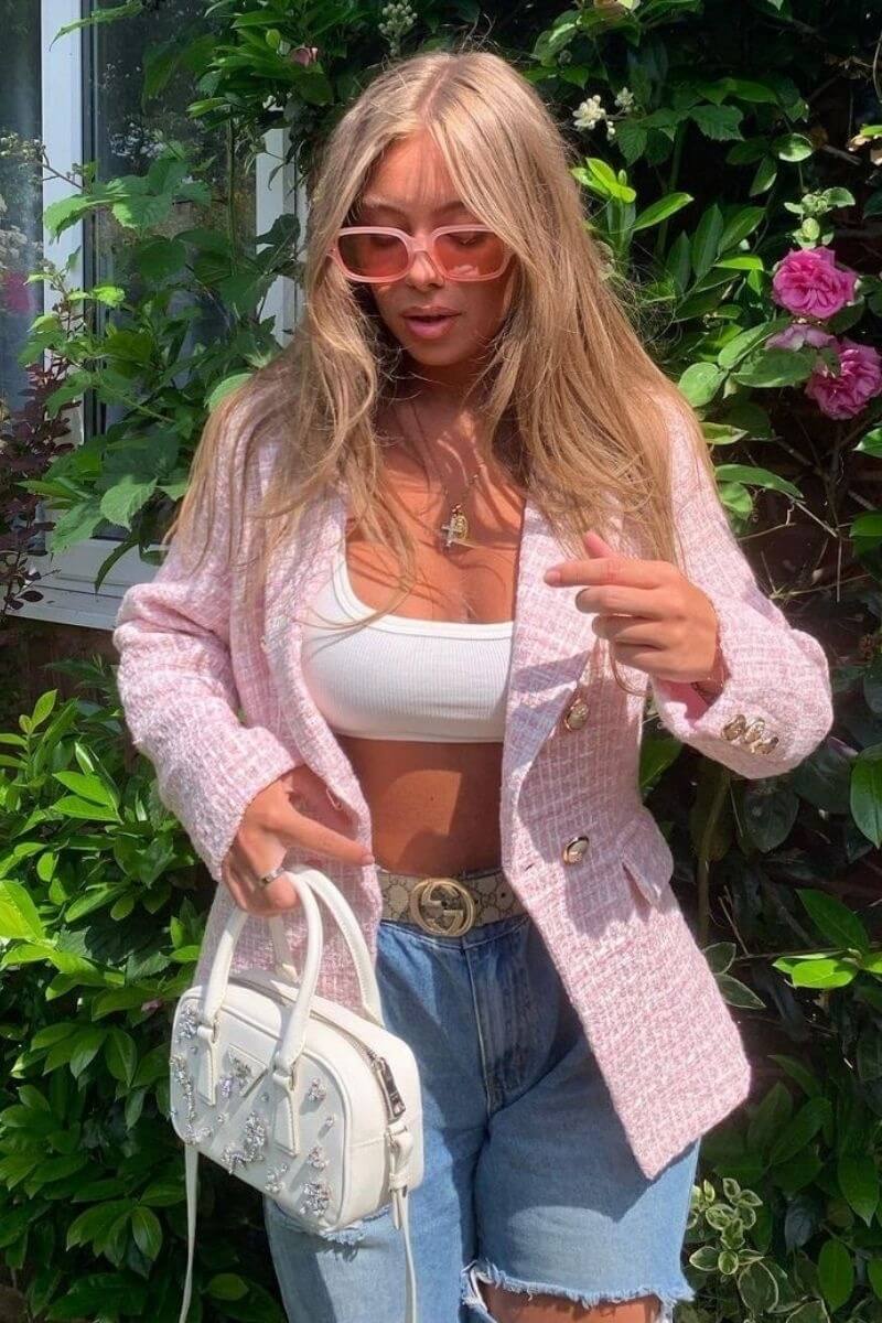 Pink Tweed Check Dome Button Blazer