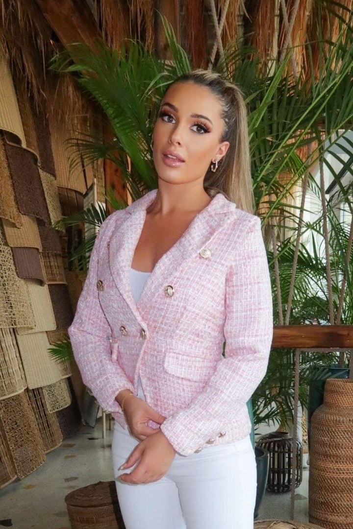 Pink Tweed Check Dome Button Blazer