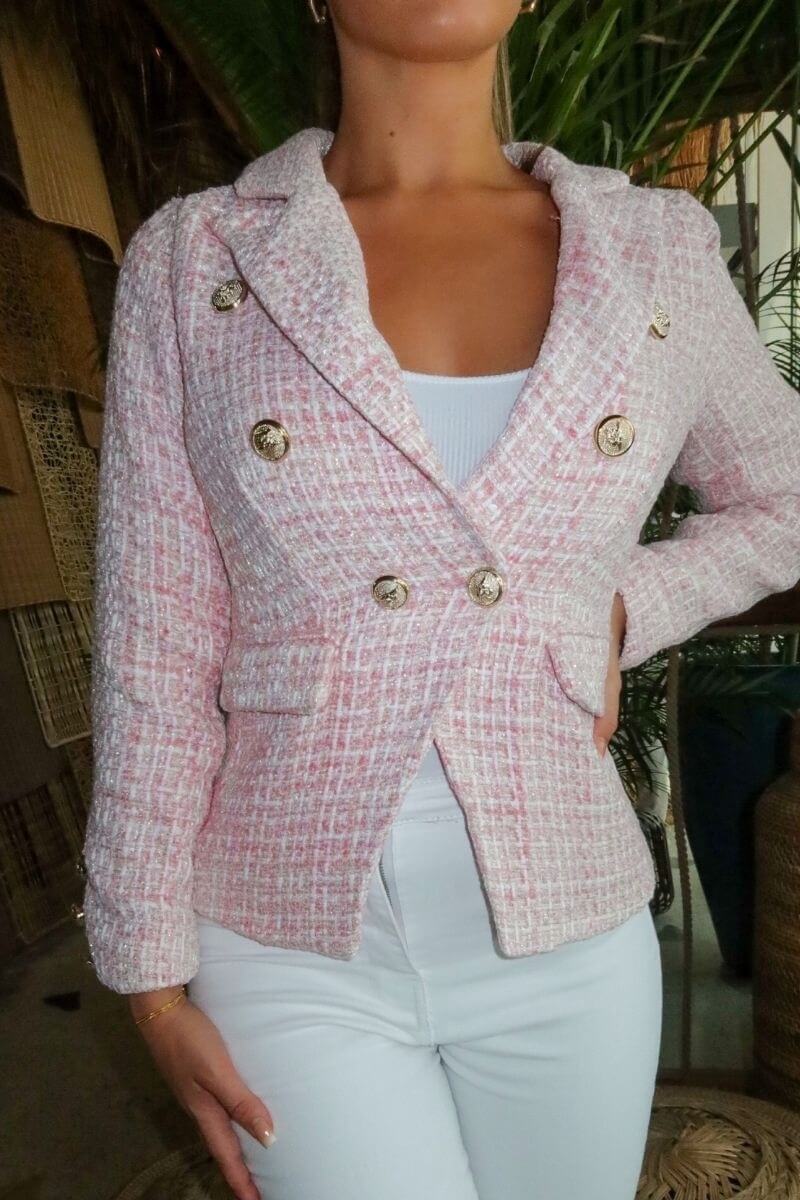 Pink Tweed Check Dome Button Blazer