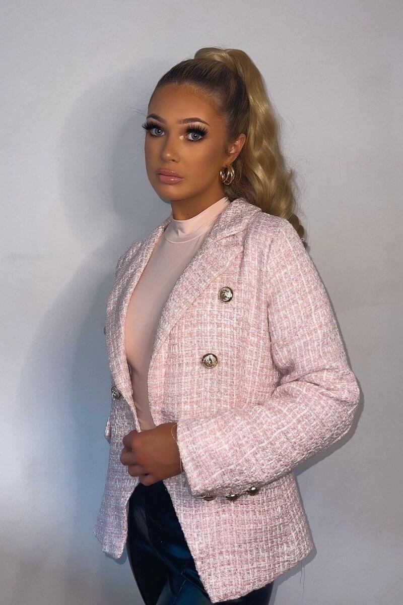 Pink Tweed Check Dome Button Blazer
