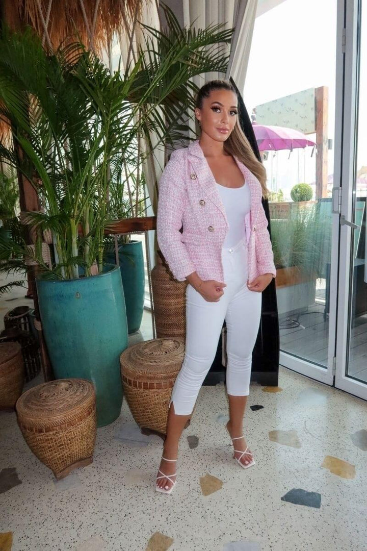 Pink Tweed Check Dome Button Blazer