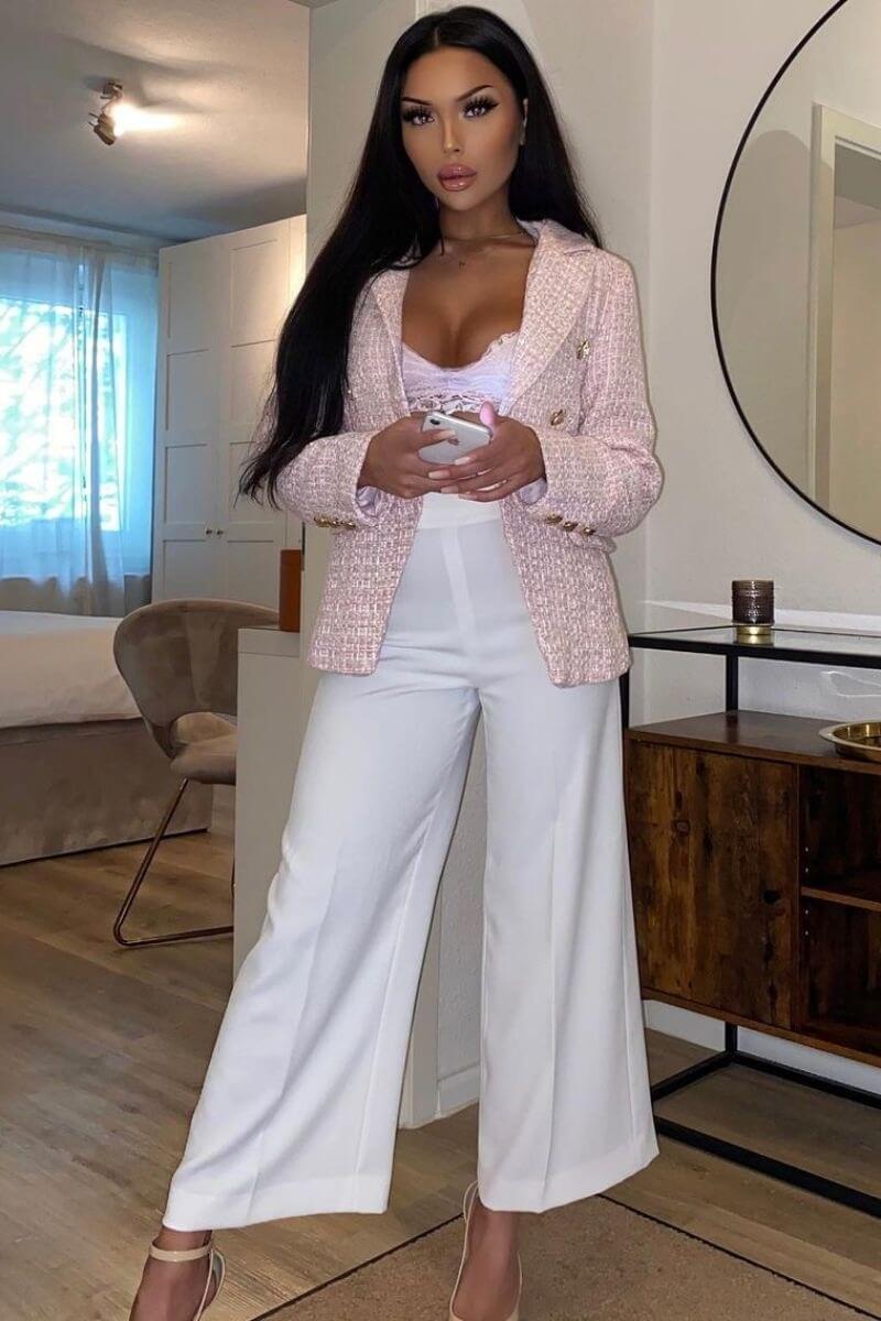 Pink Tweed Check Dome Button Blazer