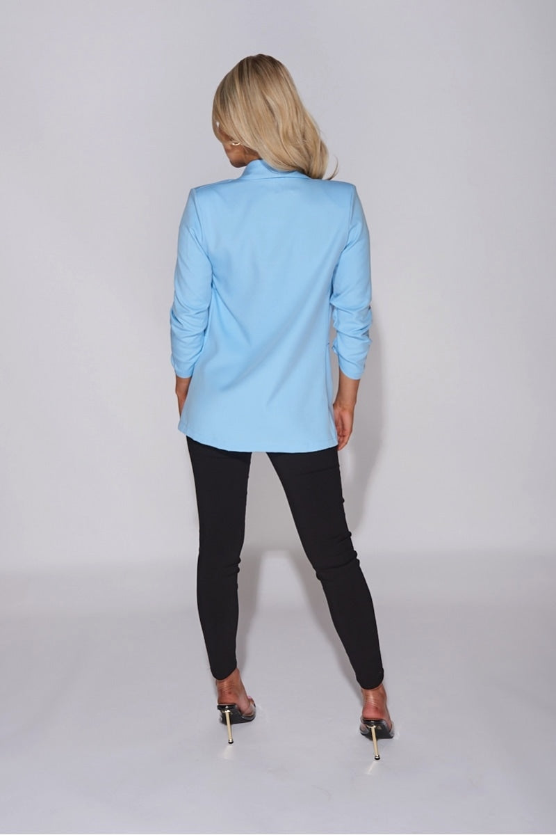 Powder Blue Lapel Detail Ruched Sleeve Blazer