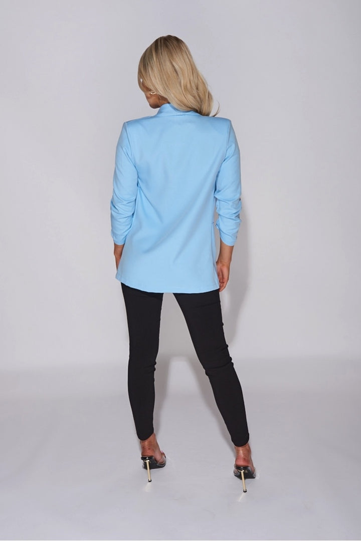 Powder Blue Lapel Detail Ruched Sleeve Blazer