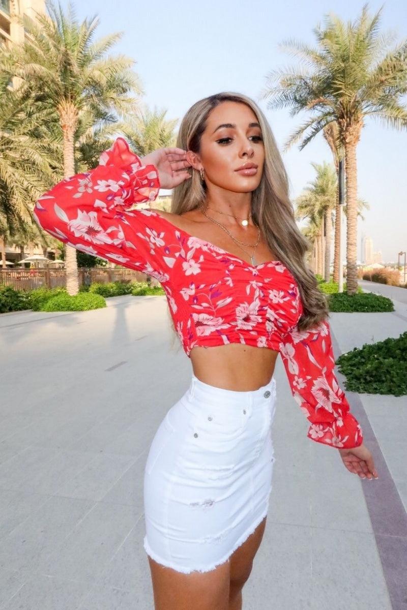 Red Floral Ruched Off The Shoulder Crop Top