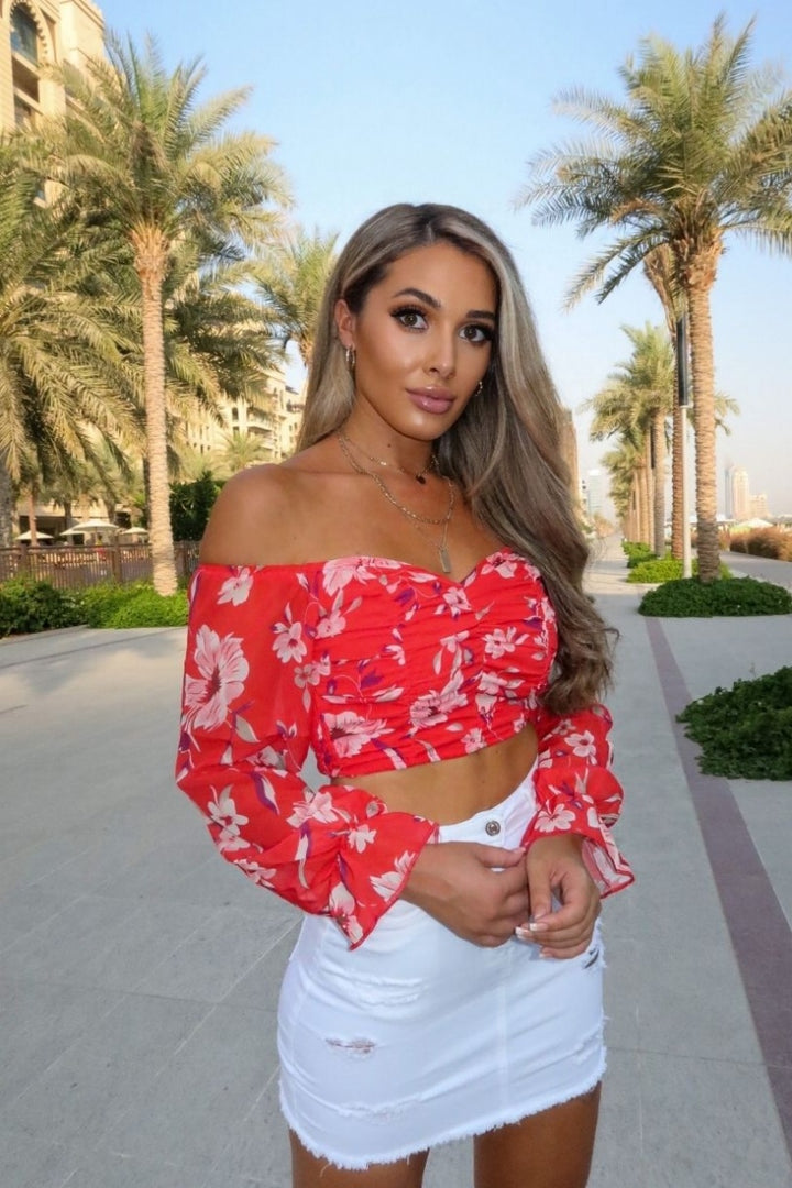 Red Floral Ruched Off The Shoulder Crop Top