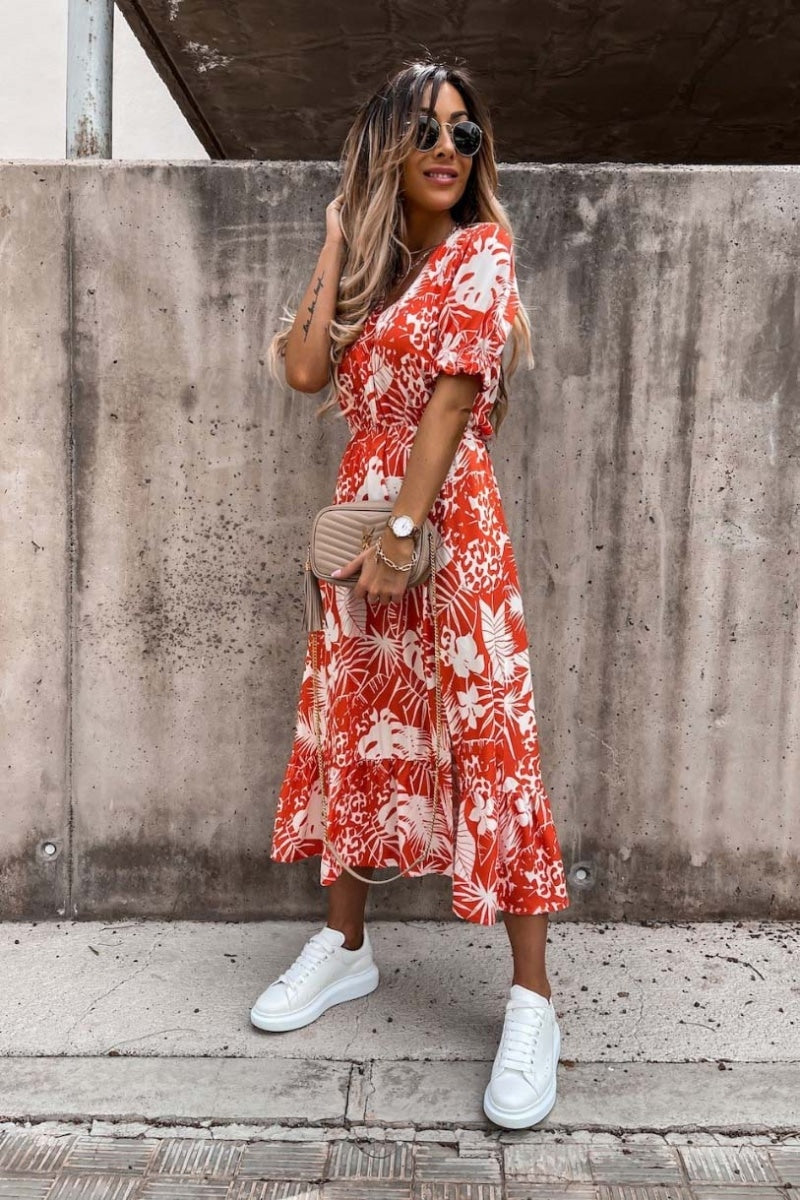 Red White Short Sleeve Floral Print Midaxi Dress – Fashion By Maya Red White Short Sleeve Floral Print Midaxi Dress – Fashion By Maya