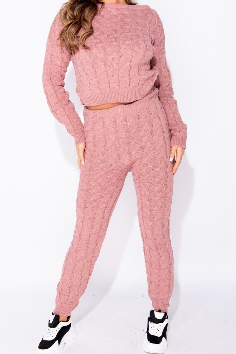 Rose Pink Cable Knit Jogger Lounge Set