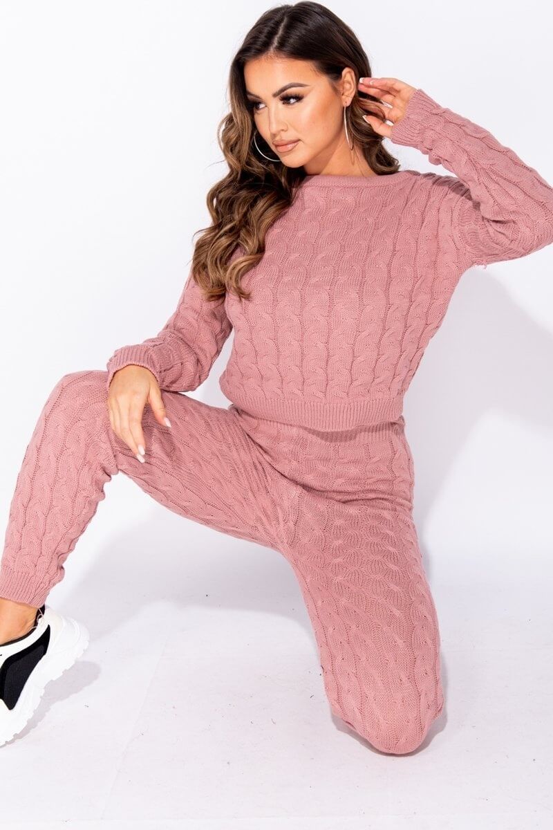 Rose Pink Cable Knit Jogger Lounge Set
