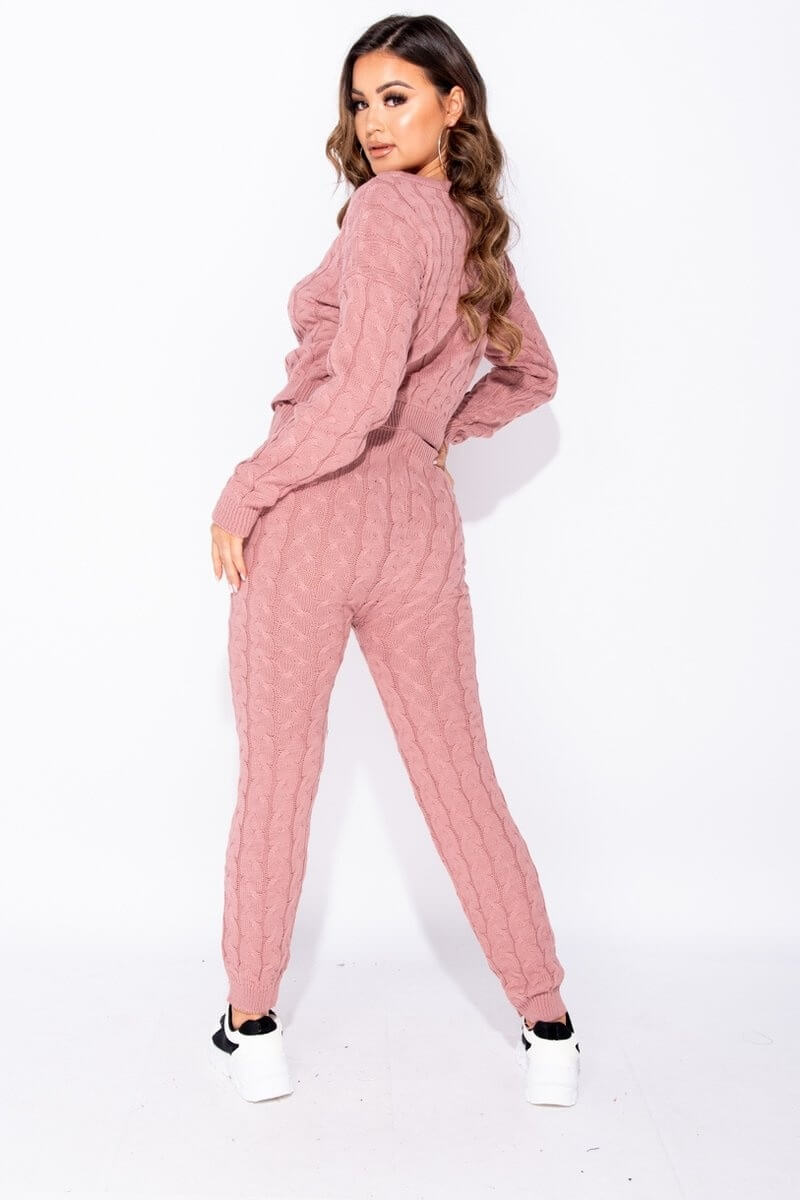 Rose Pink Cable Knit Jogger Lounge Set