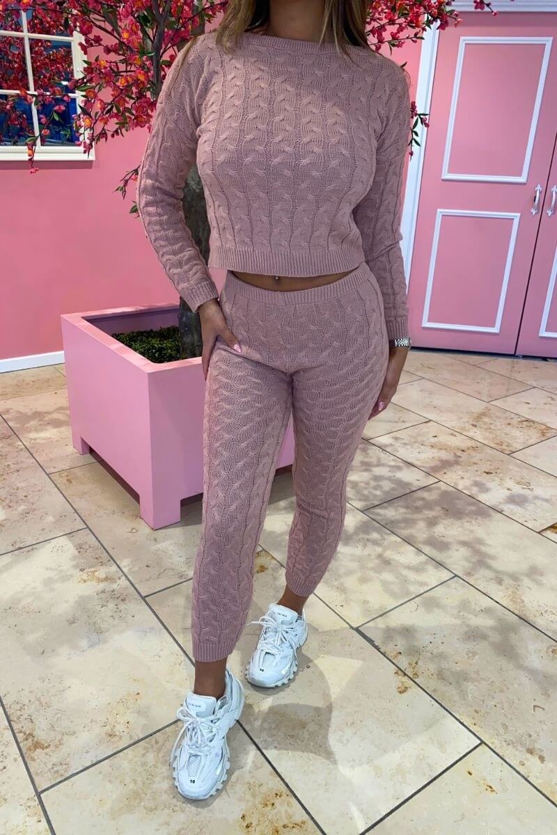 Rose Pink Cable Knit Jogger Lounge Set – Fashion By Maya