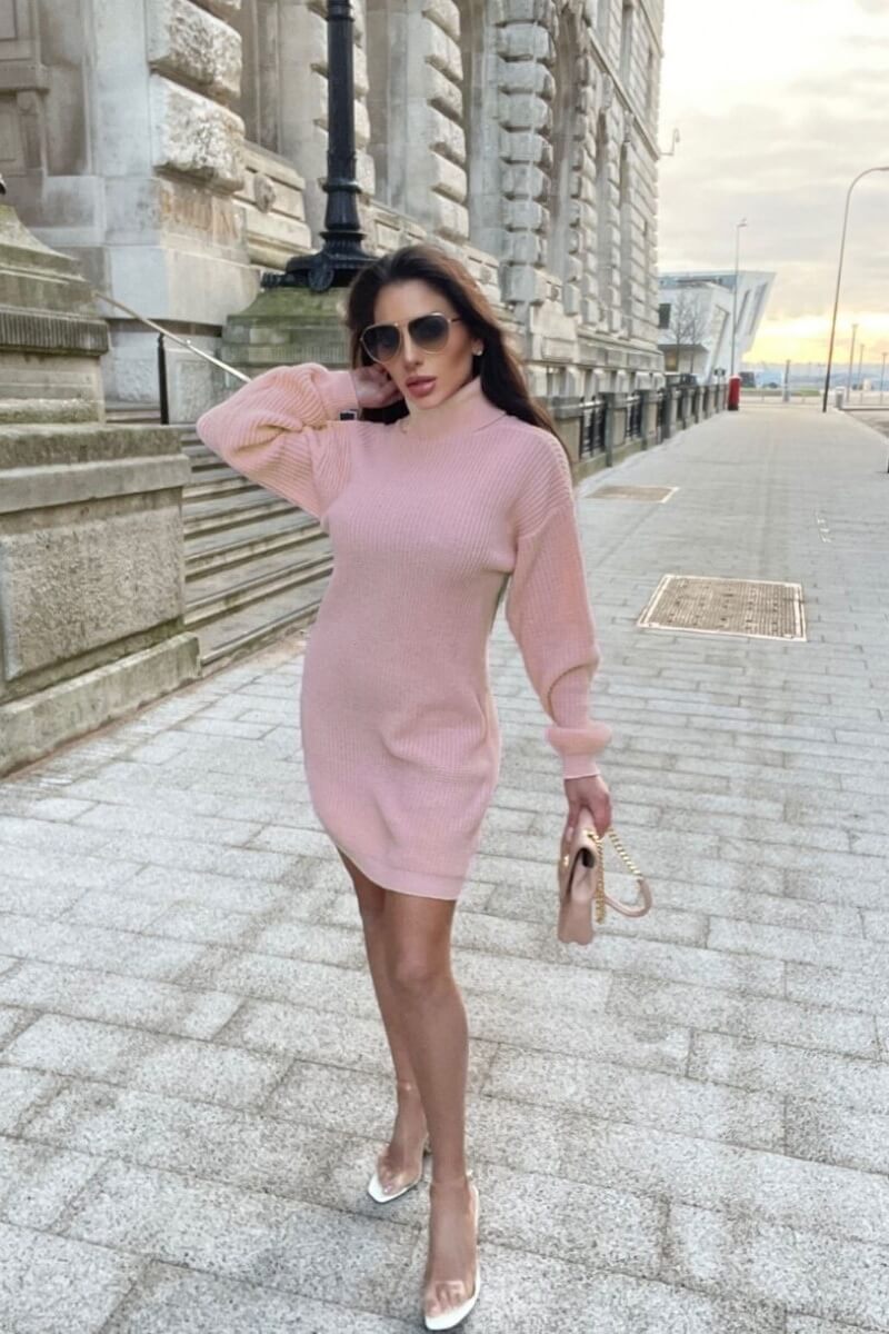 Rose Roll Neck Knitted Jumper Dress