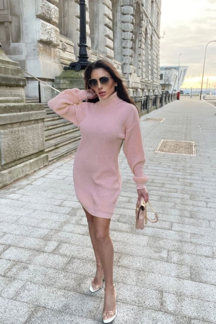 Rose Roll Neck Knitted Jumper Dress