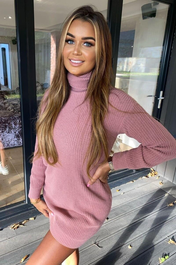 Rose Roll Neck Knitted Jumper Dress