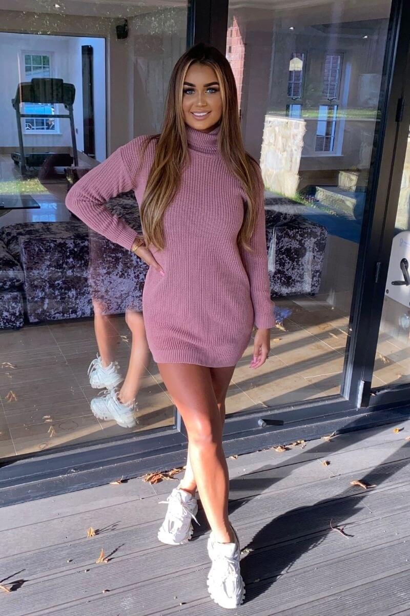 Rose Roll Neck Knitted Jumper Dress
