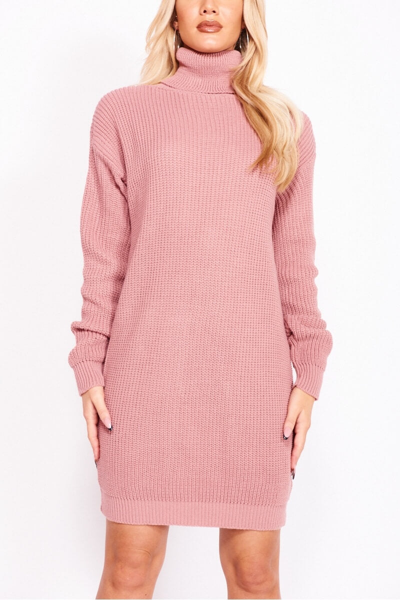 Rose Roll Neck Knitted Jumper Dress