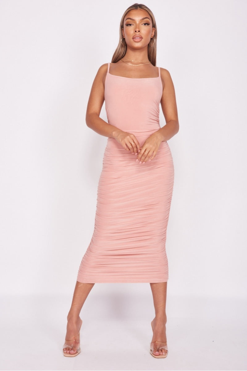 Rose Slinky Ruched Side Cami Strap Midi Dress