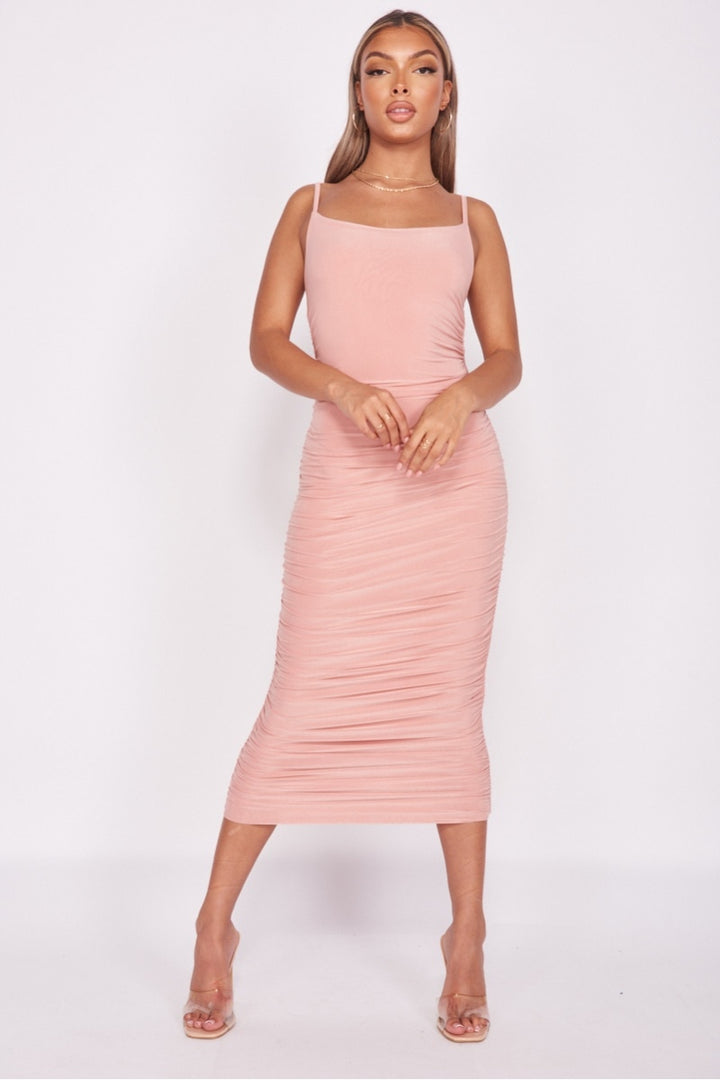 Rose Slinky Ruched Side Cami Strap Midi Dress