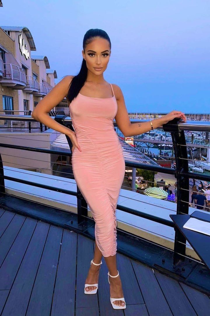 Rose Slinky Ruched Side Cami Strap Midi Dress