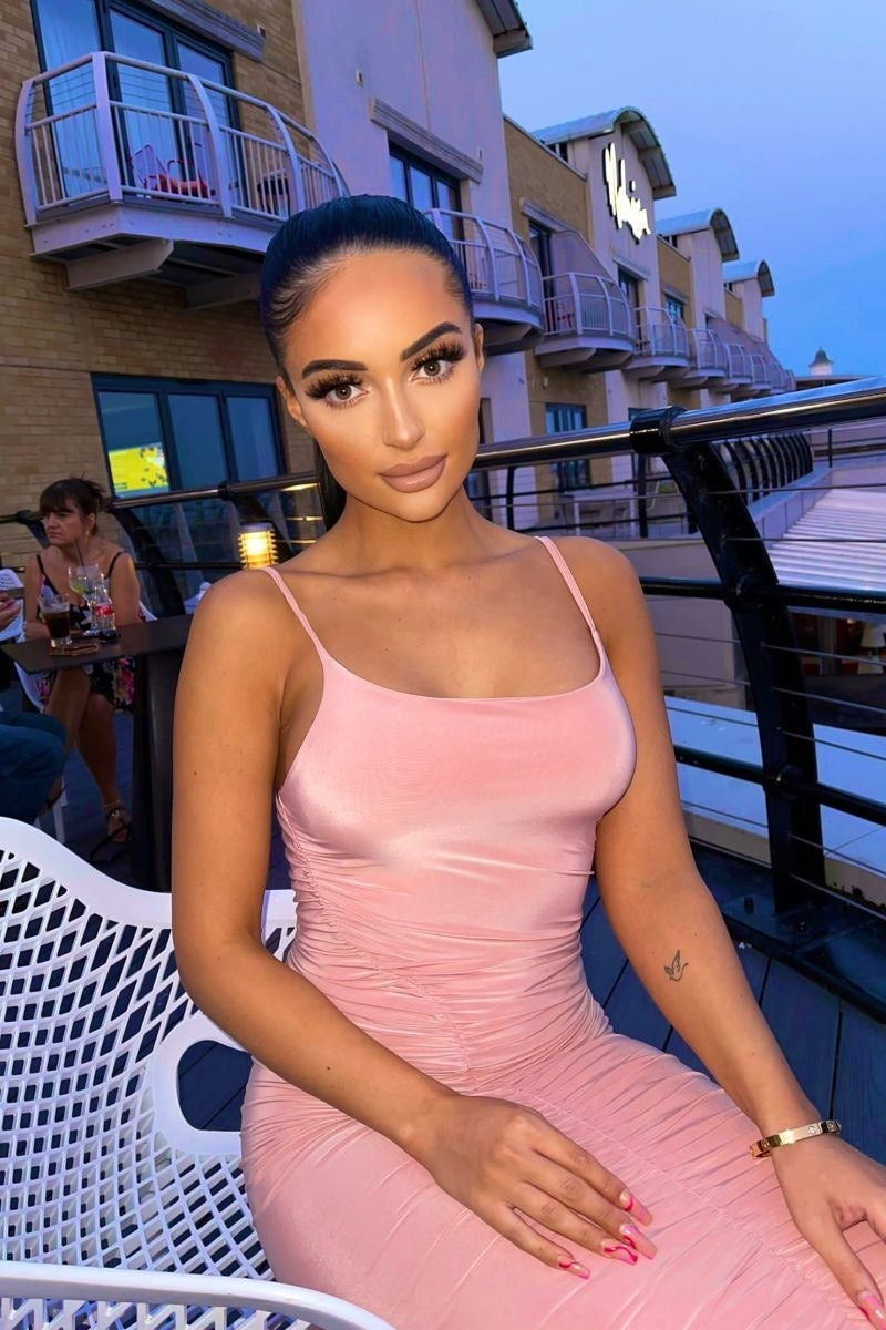 Rose Slinky Ruched Side Cami Strap Midi Dress