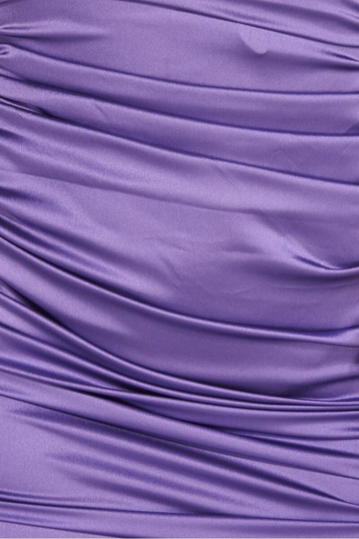Violet Satin Ruched Bust Cup Asymmetric Hem Mini Dress