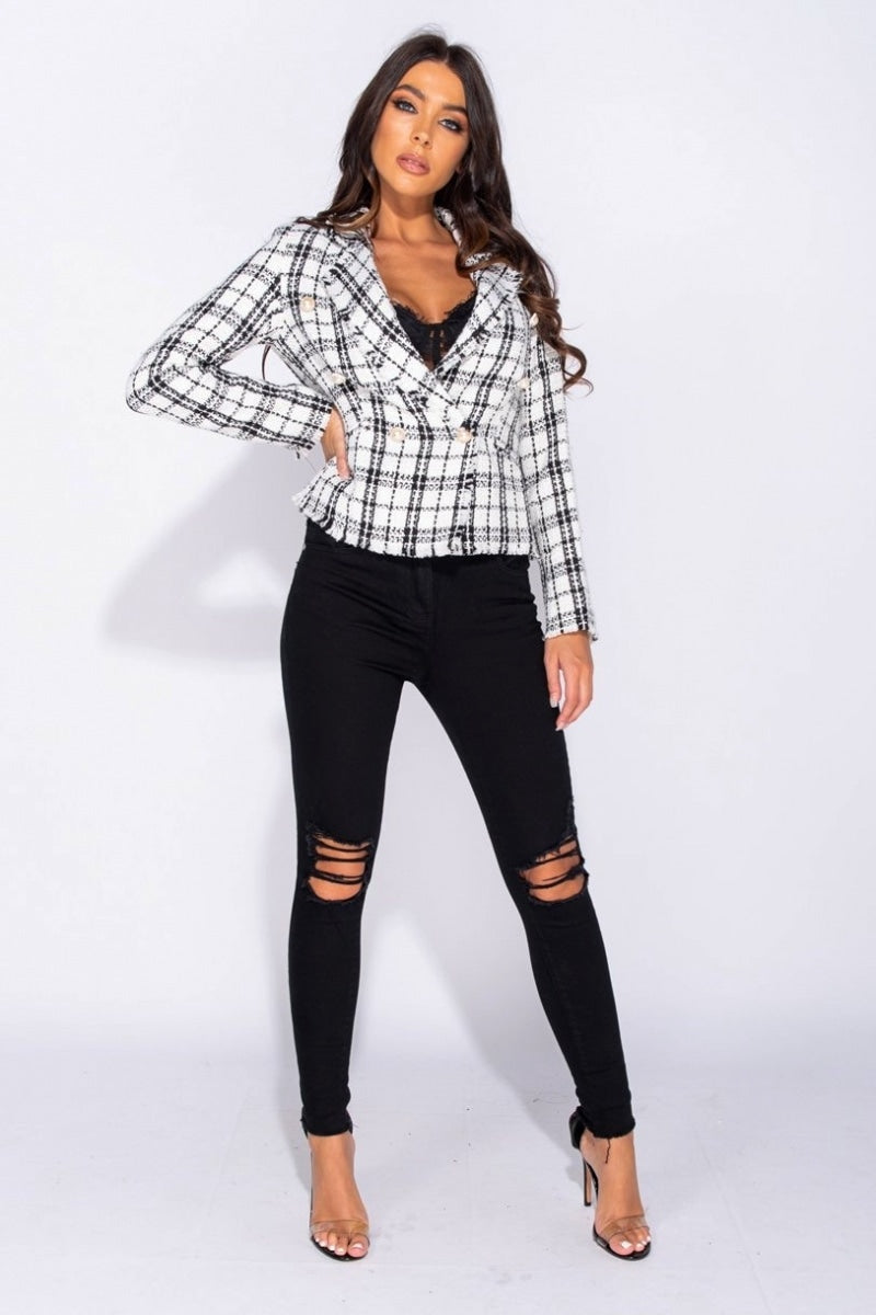 White Checked Dome Button Frayed Edge Blazer