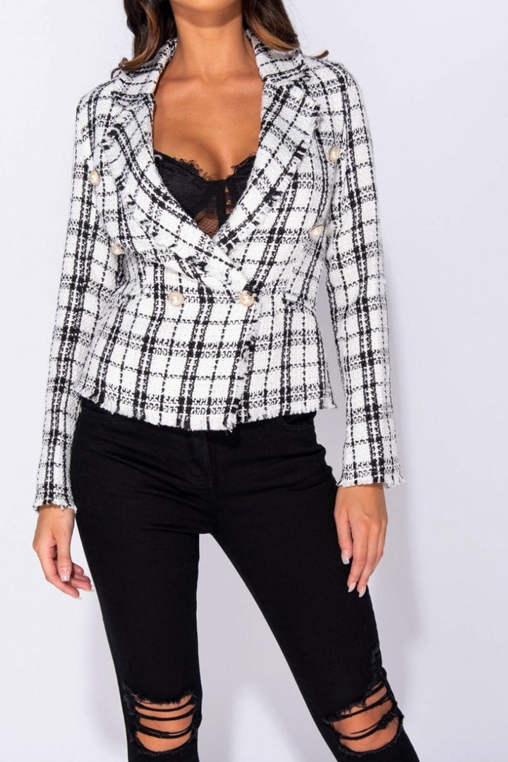 White Checked Dome Button Frayed Edge Blazer
