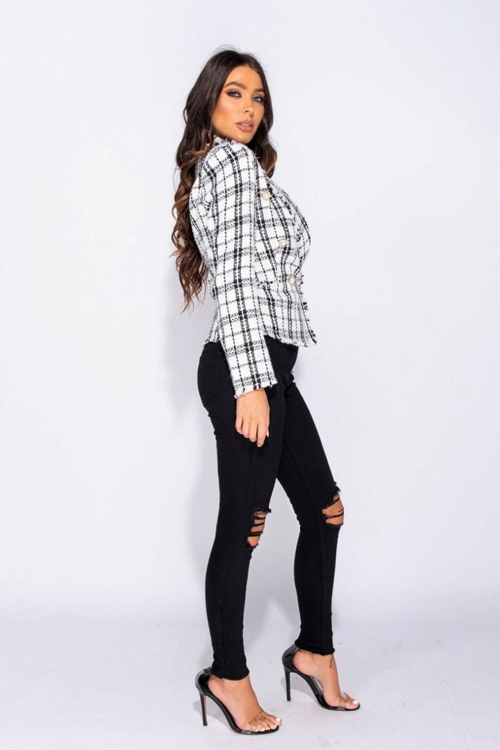 White Checked Dome Button Frayed Edge Blazer
