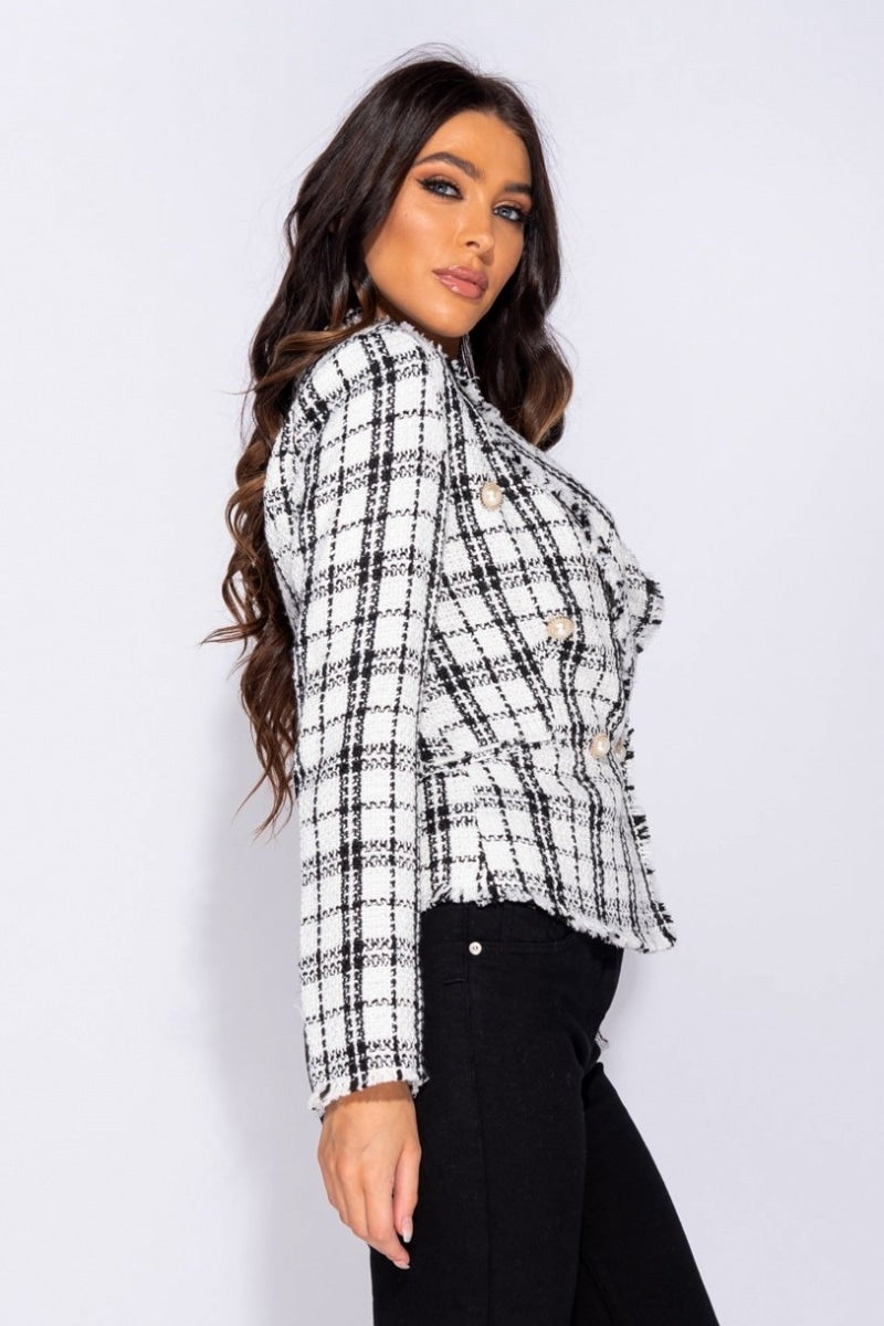 White Checked Dome Button Frayed Edge Blazer