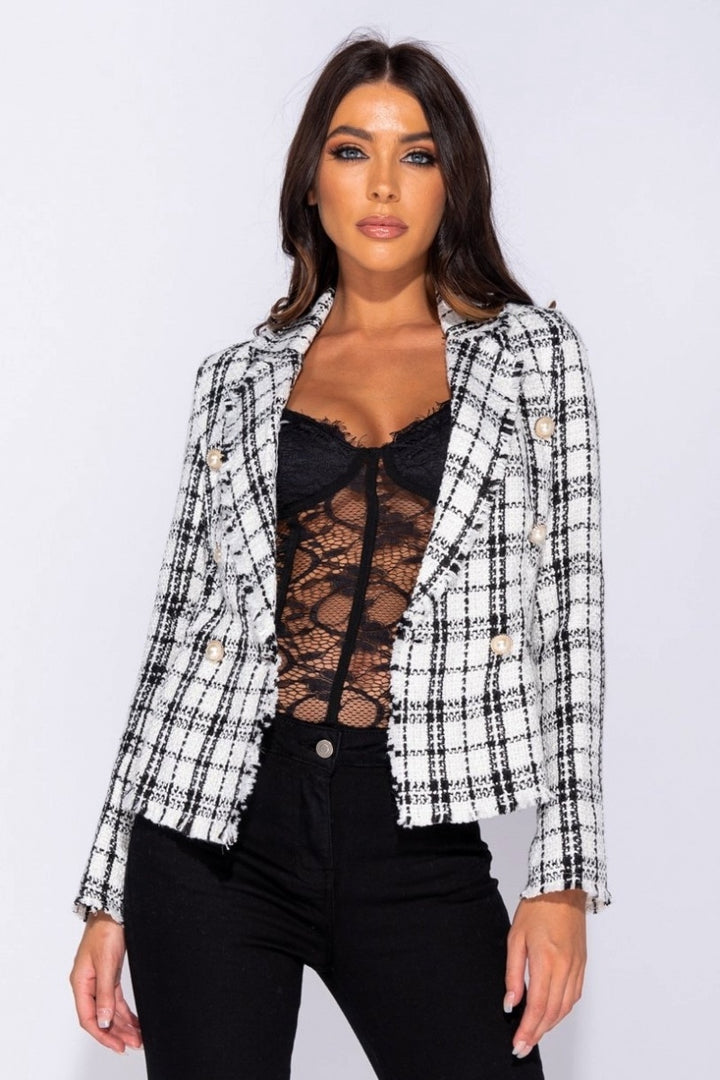White Checked Dome Button Frayed Edge Blazer